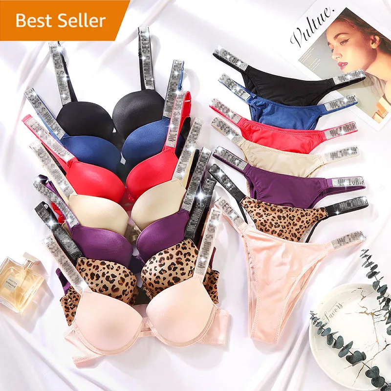 

Designer Famous Brand Shiny Sexy Gather Female Bling Diamond Panty And Bra Underwire Push Up Letters Rhinestone Bra Panties Set
