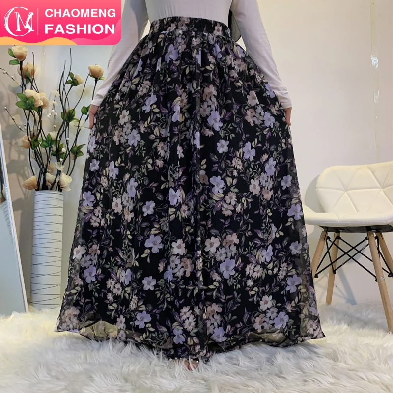 

3044#New Summer Floral High Waist Arab Chiffon Printed Long Maxi Women Dresses Casual Skirts, Blue/ purple