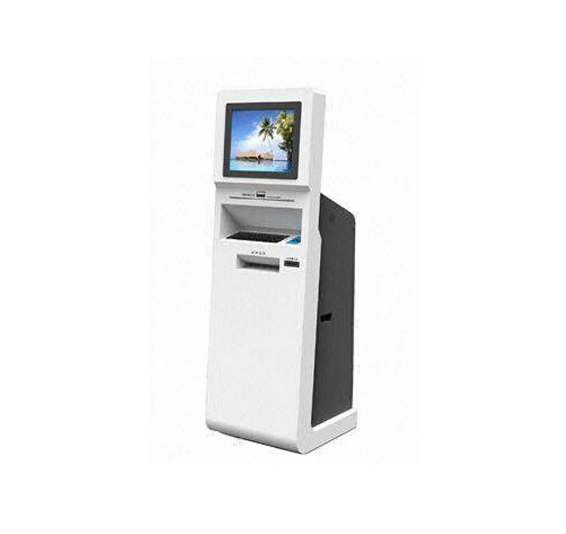 Touchscreen kiosk for bill acceptor payment  ticketing dispenser function with scanner blue enclosure
