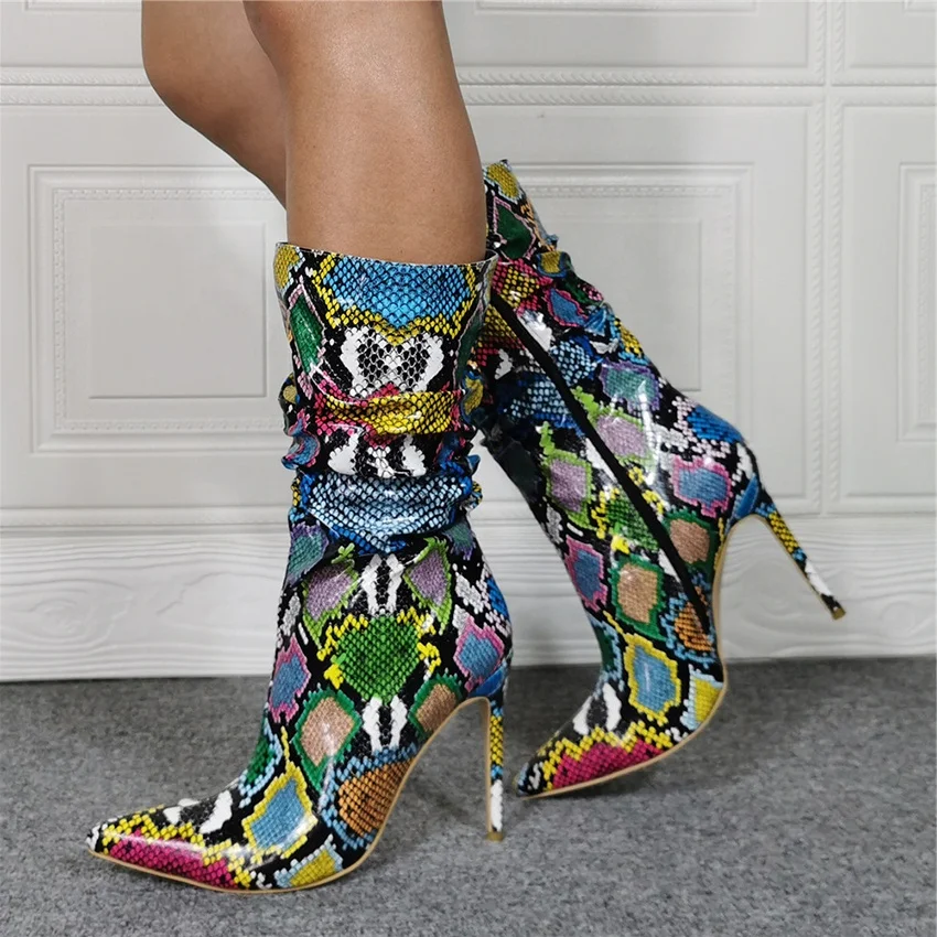 

Sexy Pointed Toe Snakeskin Print Half Knee High Boots Inner Side Zipper Fashion Shoes Thin High Heel Mid Calf Boots for Ladies