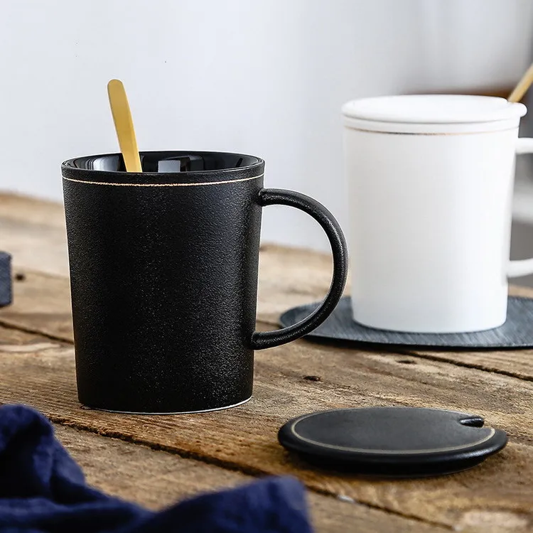 

hotsale wholesale black and white matte ceramic coffee tea mug porcelain cup set with lid and spoon, Various