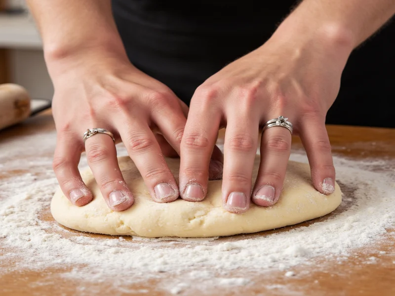 Hands shaping pizza dough on floured surface