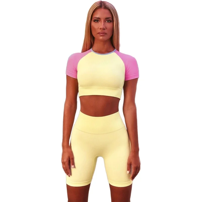 

BBZC4262 Yellow New design short sleeve nylon sportswear Eco-friendly breathable Patchwork yoga suit