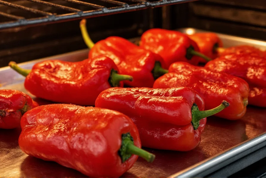 Red peppers blackened under broiler on baking sheet with tongs for turning