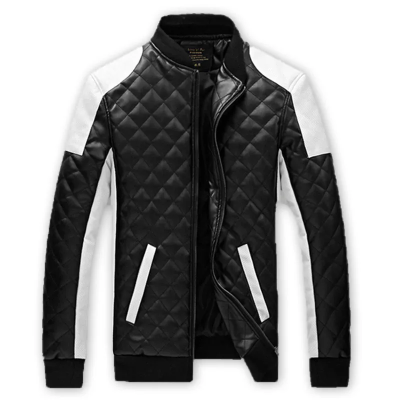 

Men's Diamond PU Coat Skin Color Leather Collar Locomotive Jacket, White;black