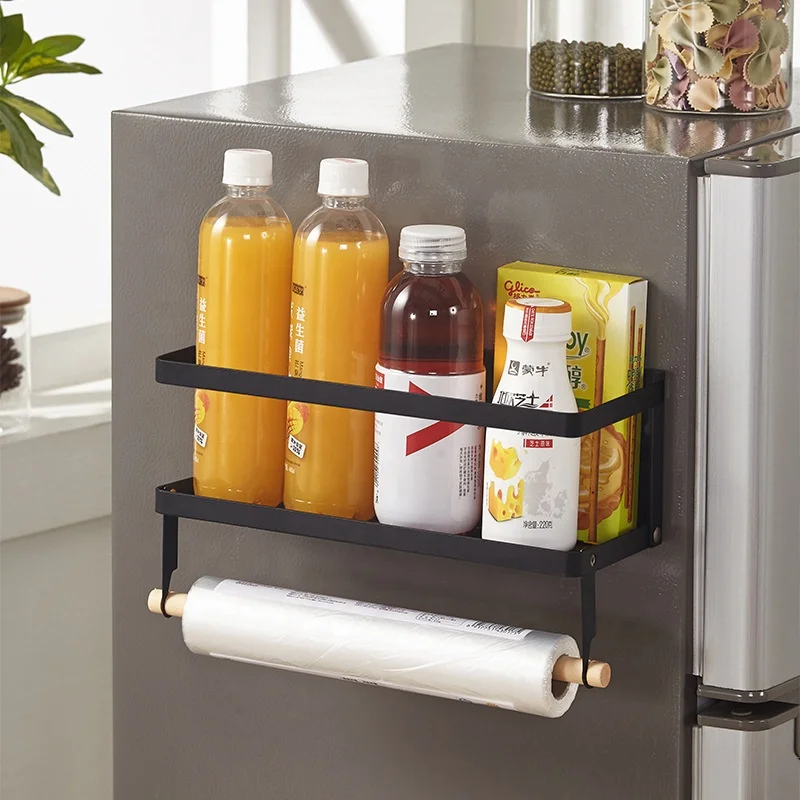 

JX-Simple Magnetic Fridge Organizer Paper Towel Holder Rustproof Spice Jars Rack kitchen hanging foldable refrigerator shelf, White