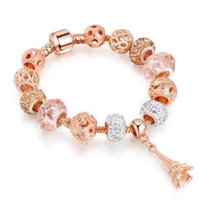 

New Rose Gold Crystal Glass Beads Iron Tower Pendant Bracelet European Large Hole Spacer Beads Diy Charm Bracelet for Women