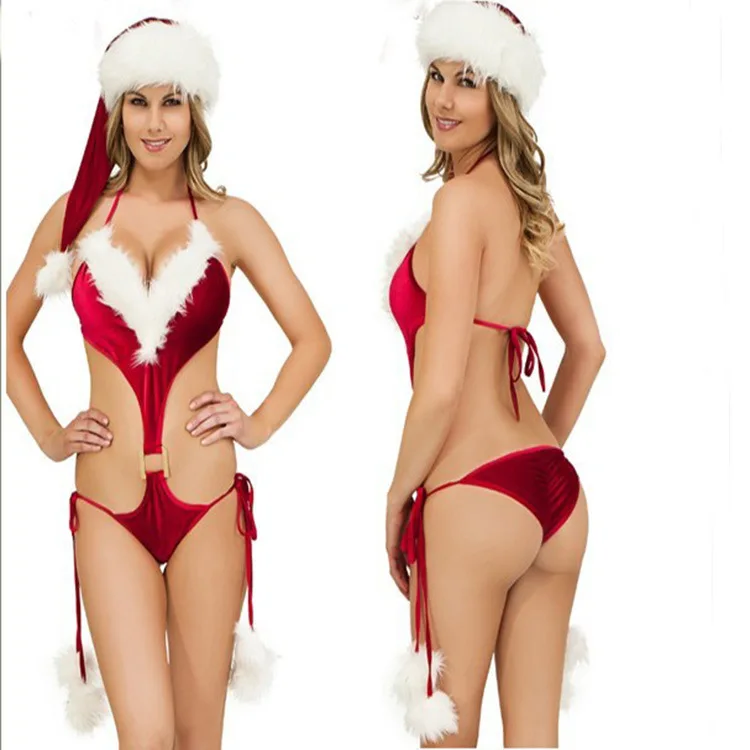 

Christmas sexy lingerie with hat three point underwear suit