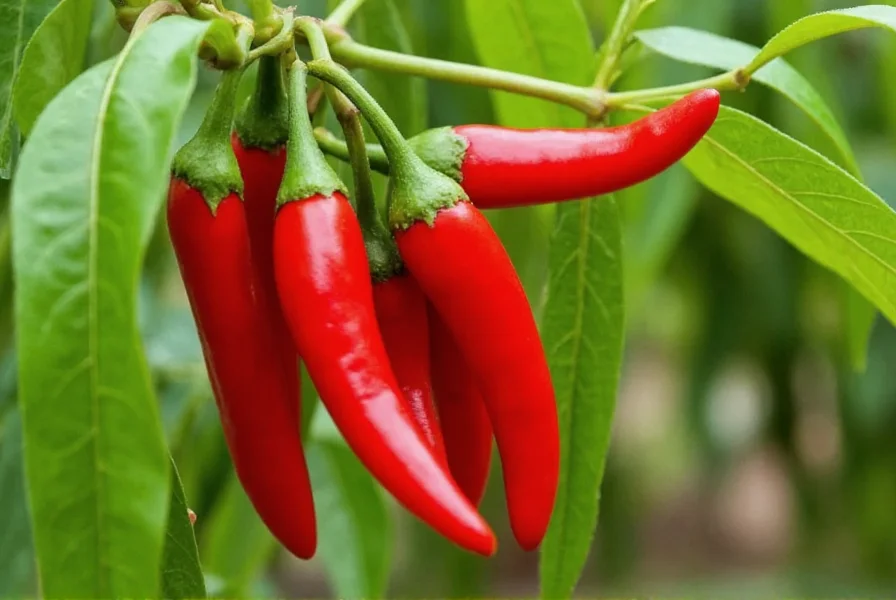 Close-up view of mature red Cheyenne peppers growing on plant showing slender tapered pods