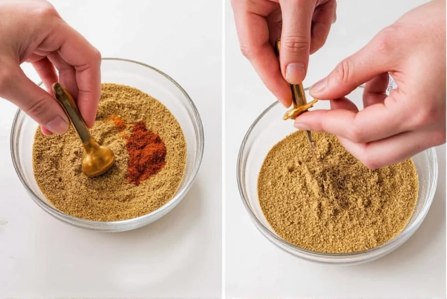 Hand mixing spices in small bowls showing the process of creating a homemade cumin substitute blend