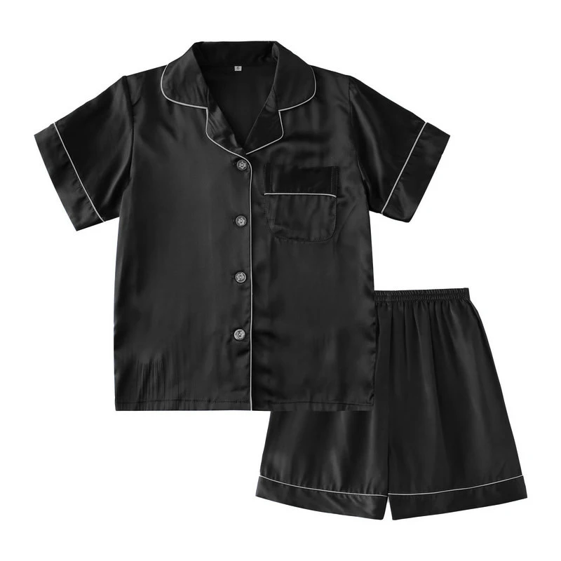 

2021 New Design Baby Girls Boys Pajamas Sets Solid Ice Silk Satin Short Sleeve Tops Shorts Summer Children Sleepwear Pajamas Set