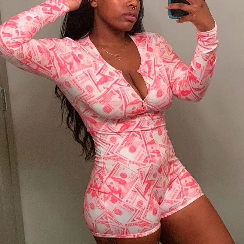 

Women's Sleepwear Long Sleeve Short Bodycon Romper V Neck One Piece Bodysuit Nightcloth Elastic Adult Onesie Women's Sleepwear