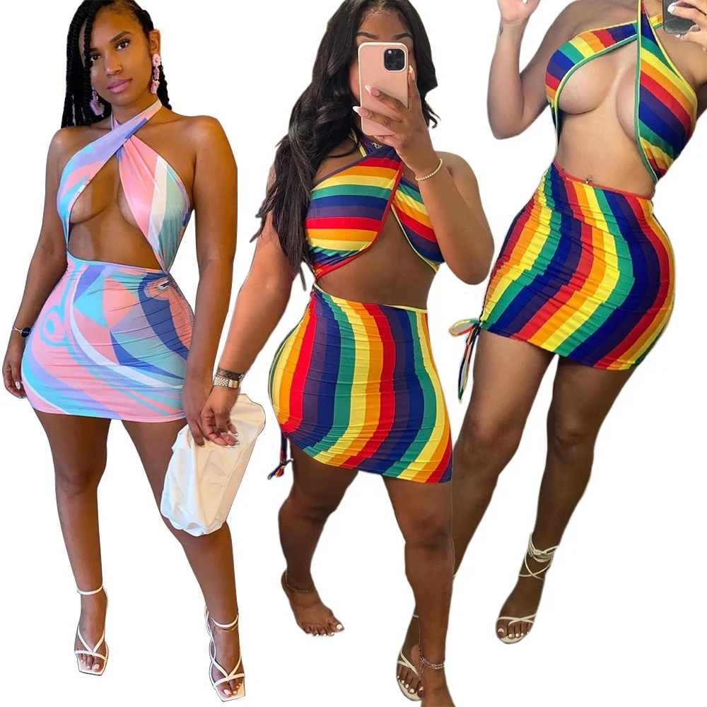 

MT175-201062 Sexy Striped Backless Rainbow Dress Sleeveless Summer Outfits for Women Beachwear Hollow Out Club Mini Dresses