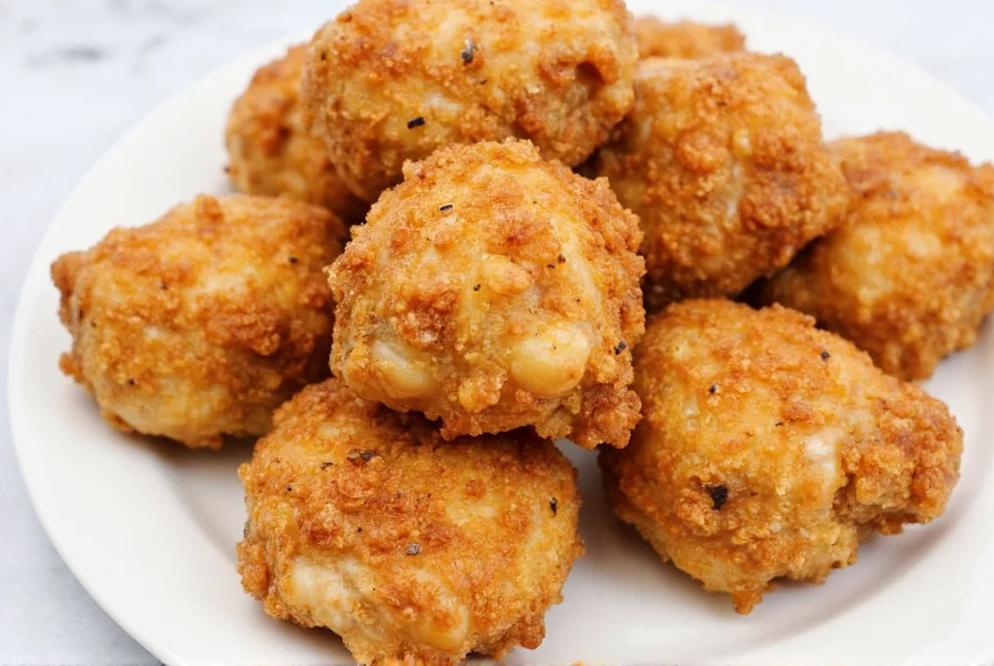 Crispy golden salt pepper chicken pieces with visible cracked black pepper coating on white plate