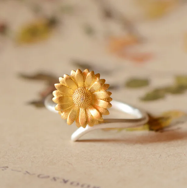 925 Pure Silver Opening Ring Sun Flower Double Color Gold Plated Ring Korea Pure Silver Ornaments Wholesale