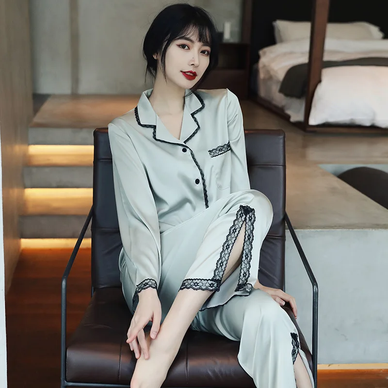 

2021 New Korean Black Lace Fashion Pajamas Ladies Sexy Long-sleeved Set Woman Pajamas, Customized color