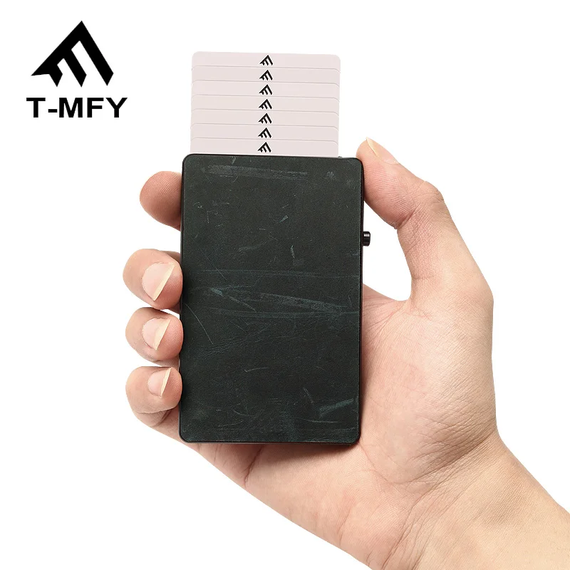 

2020 T-MFY RFID Blocking Wallet Slim Wallet Cowhide Leather Aluminum Automatic pop up Card Holder NEW, Customized