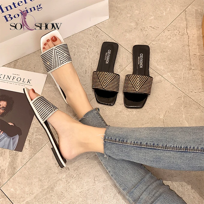 

New arrival shoes design ladies flat shoes slipper for women plus size with rhinestone