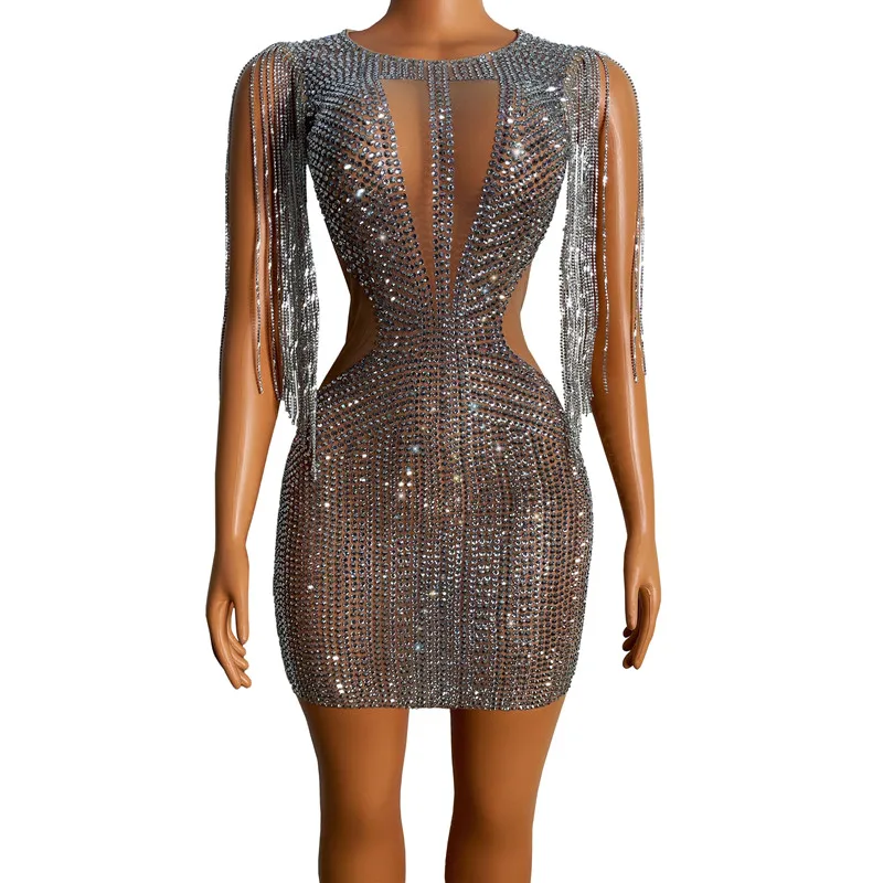 

2021 New Arrivals Luxury Rhinestones Fringes Crystales short dress sexy party birthday wear celebrity evening dresses
