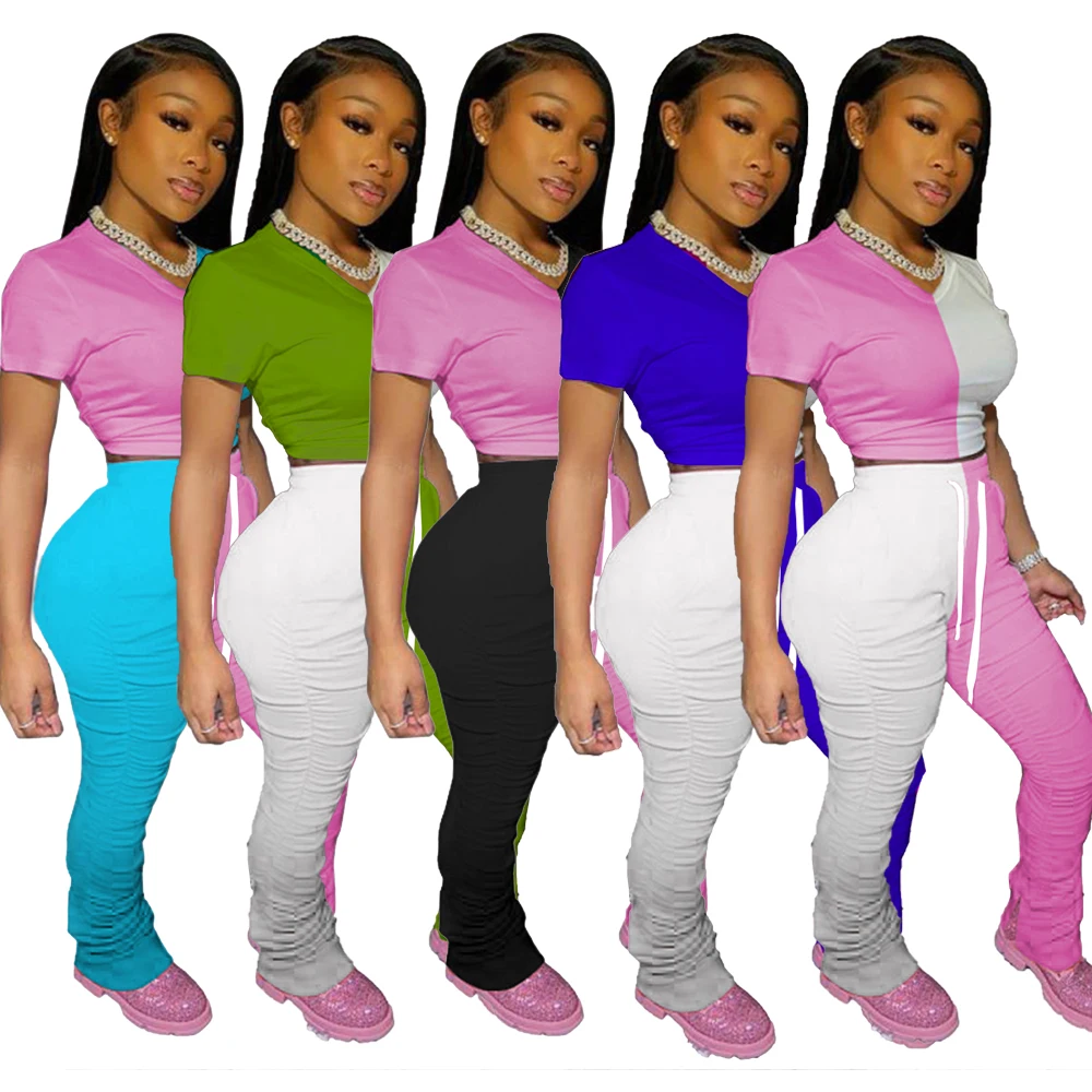 

Wholesale fashion summer color patchwork T-shirt ruched stacked legging pants 2piece outfits sweatpants women