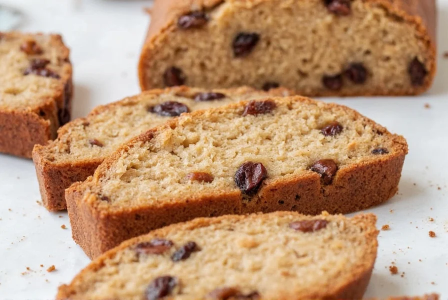 Cinnamon raisin bread sliced showing swirl pattern and plump raisins