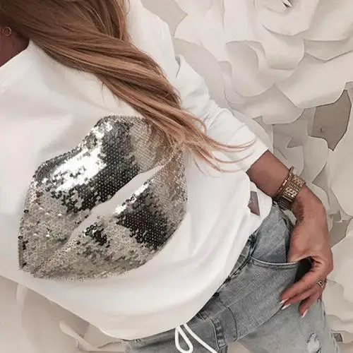 

Sequin lip pattern white ladies t shirt wholesale womens clothing