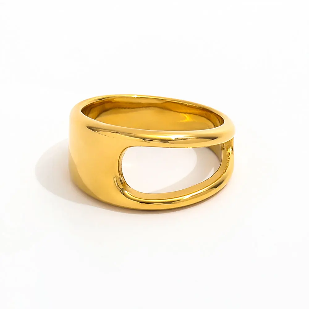 Joolim Jewelry Wholesale 18K Gold Plated Half Hollow Geometric Band Rings Stainless Steel  for Women Rings
