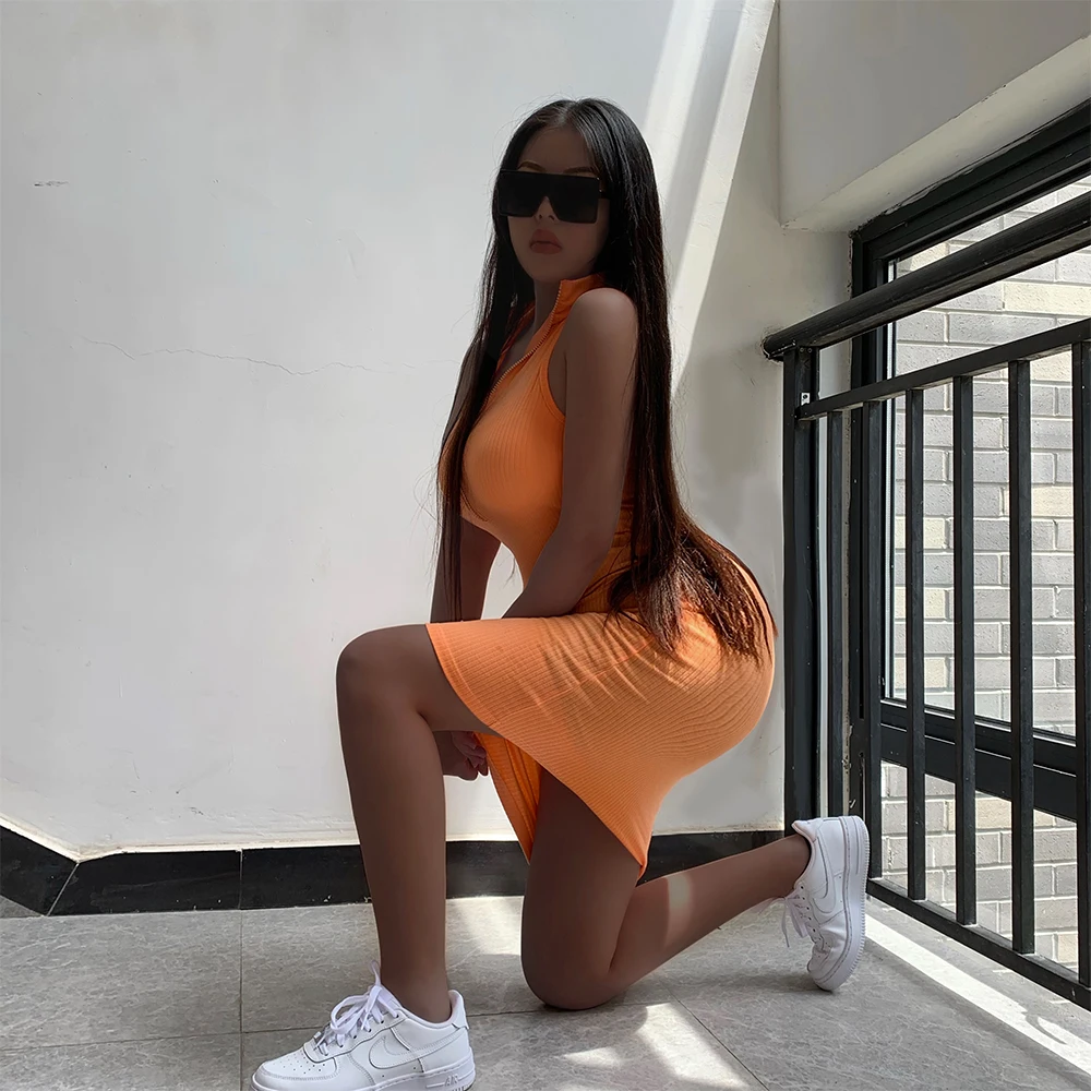 

8468 Casual Dresses Sleeveless Half Zippers Turndown Collar Solid Color Elasticity Club Women Sexy Slim Dress