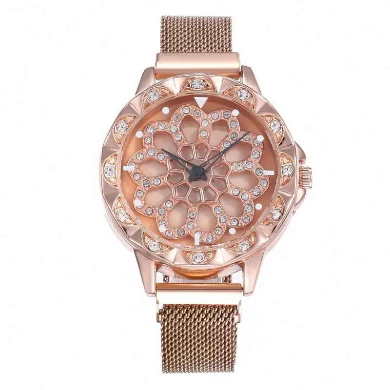 

Fashion Magnetic Strap Diamond Gold Luxury Wrist Quartz Watch Lucky Flower Rotating Dial Rotary Women Lady Watch