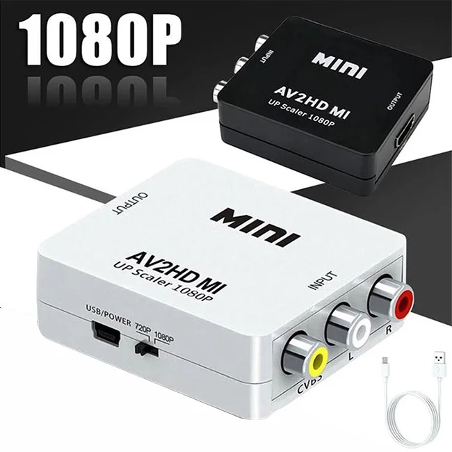 

Mini Rca to Hd mi Converter AV2HDMI Converter 1080P Av To Hdtv Video Adapter With Power Supply Cable, Black and white