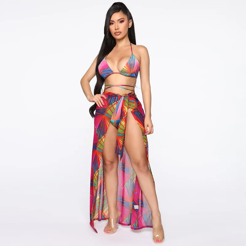 

2021 Custom Label Women Print Bandage Three Piece Bikini Swimwear Cover Up