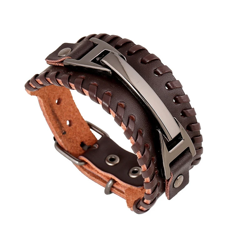 

Gifts 2021 Personalized Stainless Steel Black Color Genuine Men Leather Bracelet, Gold color