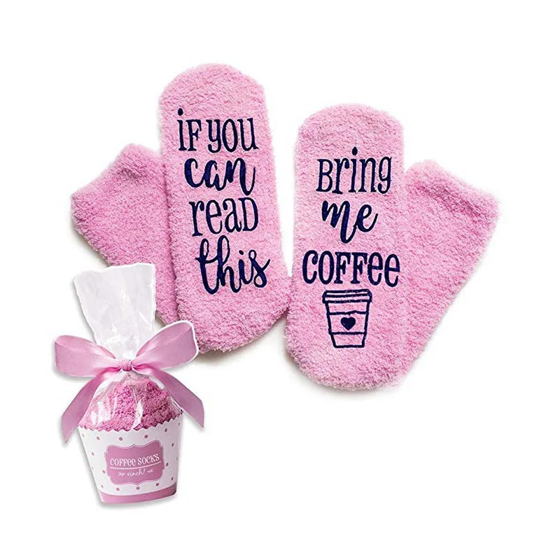 

Funny womens sleeping if you can read this letter print socks pink non-slip fluffy thick warm ladies winter novelty socks