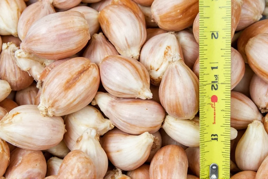 Close-up of healthy garlic cloves separated for planting with measuring tape showing 1.5 inch diameter