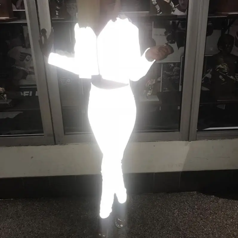 

New Design Ladies Reflective Sexy Crop Top Hoodie, Gray