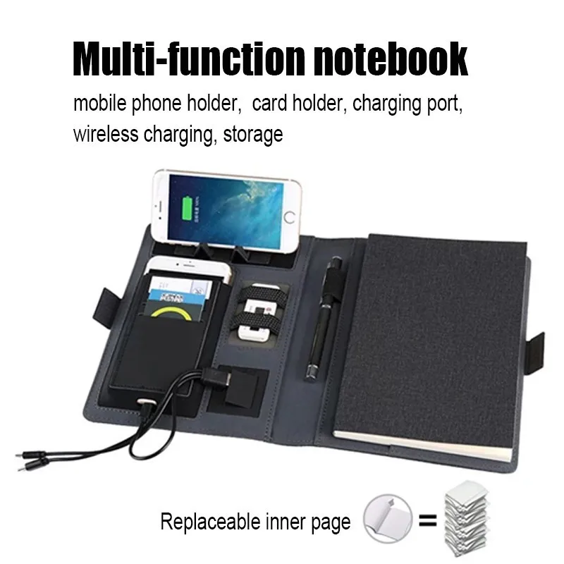 Pu Leather Phone Holder Planner Diary Notebook With Wireless Charger