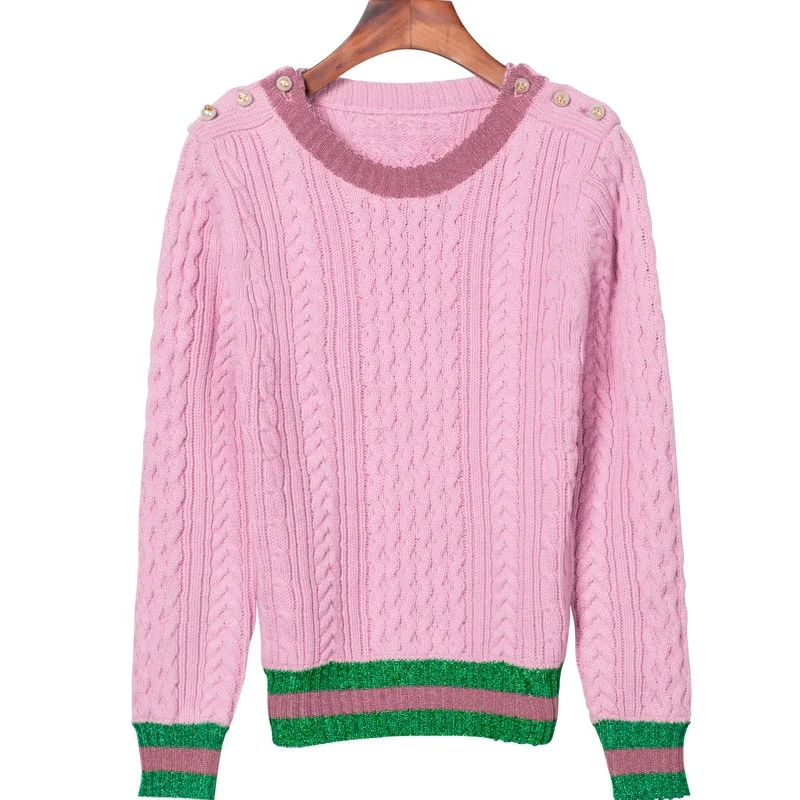 

High Quality Women Autumn Winter striped Knitted Sweater Alpha Pink Green sweater