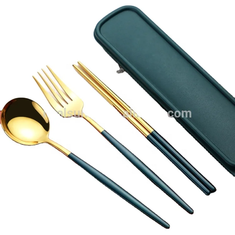 

2020 Metal Travel Utensils Reusable Portable Travel Camping Gift Cutlery Fork Spoon Chopsticks with Case, Gold, black, color, etc. (can be matched freely)