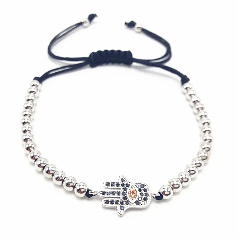 

Luxury Jewelry Handmade Woven Copper Bead CZ Hamsa Hand Charm Bracelet Rose Gold Silver Color Zircon Evil Eyes Hand Bracelet