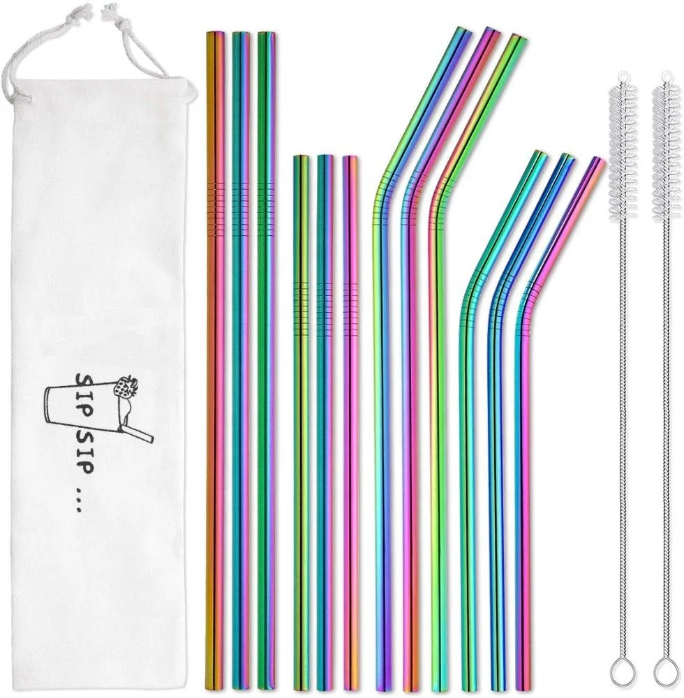 

Reusable Metal Straws Rainbow Color with Travel Case12-Pack Stainless Steel Drinking Straws for 30oz and 20oz Tumblers, Rainbow/silver/gold/rainbow/rose gold