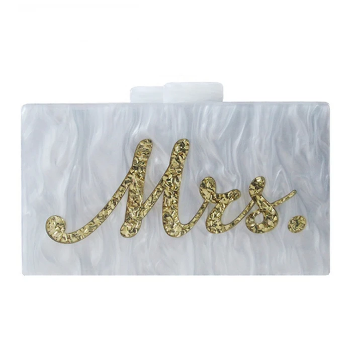

Trending customized personalized grahpic wedding Miss to Mrs box white acrylic clutch bag purse, Silver, gold