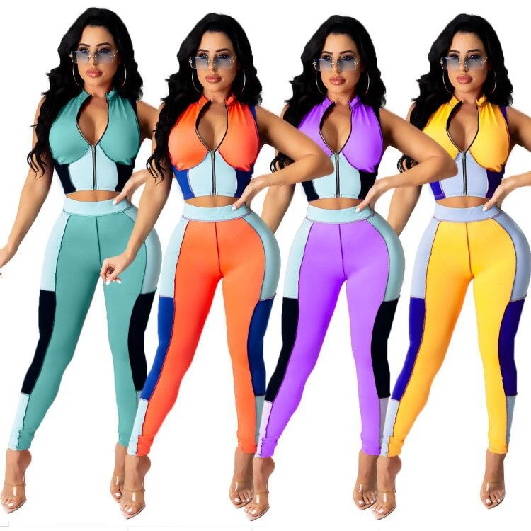 

DUODUOCOLOR 2021 hot seller splicing collision color sexy slim short sleeve zipper women's two-piece set D97217