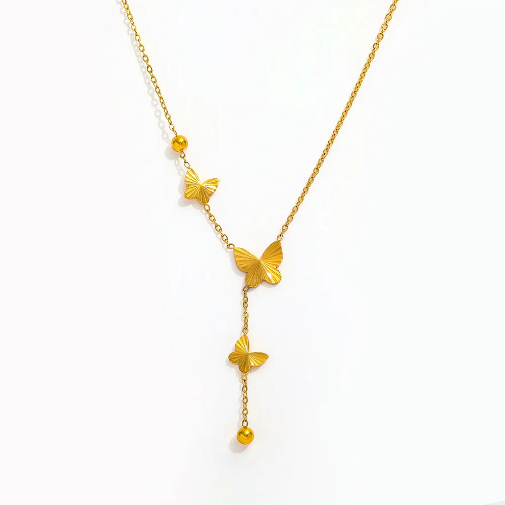 Joolim Jewelry 18K Gold Plated Dainty Burst Butterfly Pendant Tassel Choker Necklace Stainless Steel Jewelry Wholesale