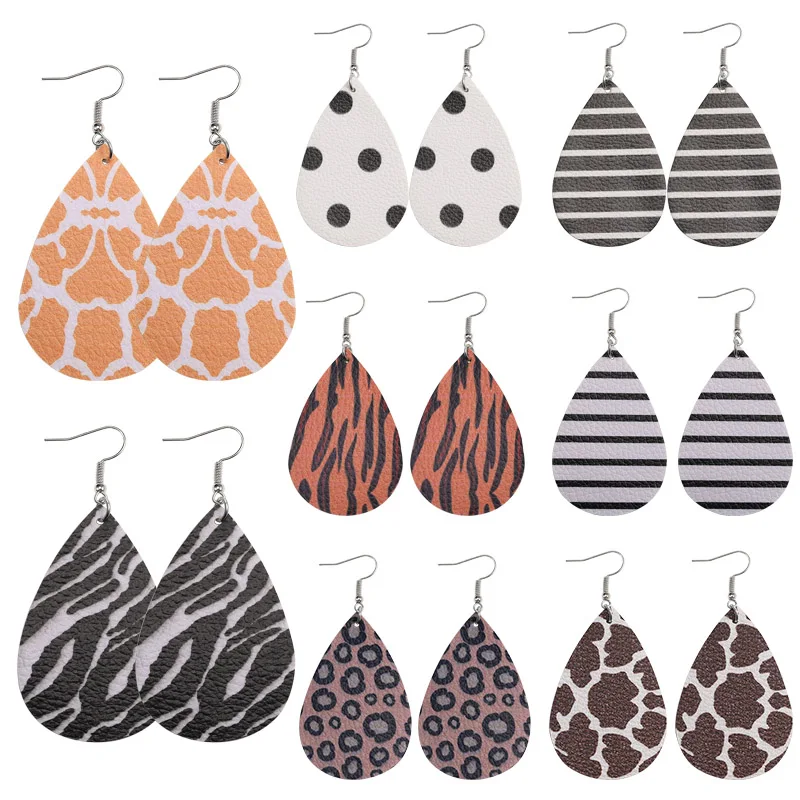 

Handmade vintage printing faux leather earrings creative dangle drop earrings for women and girls party jewelry wholesale