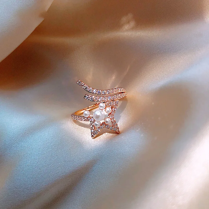 

luxury finger adjustable crystal star ring pearl