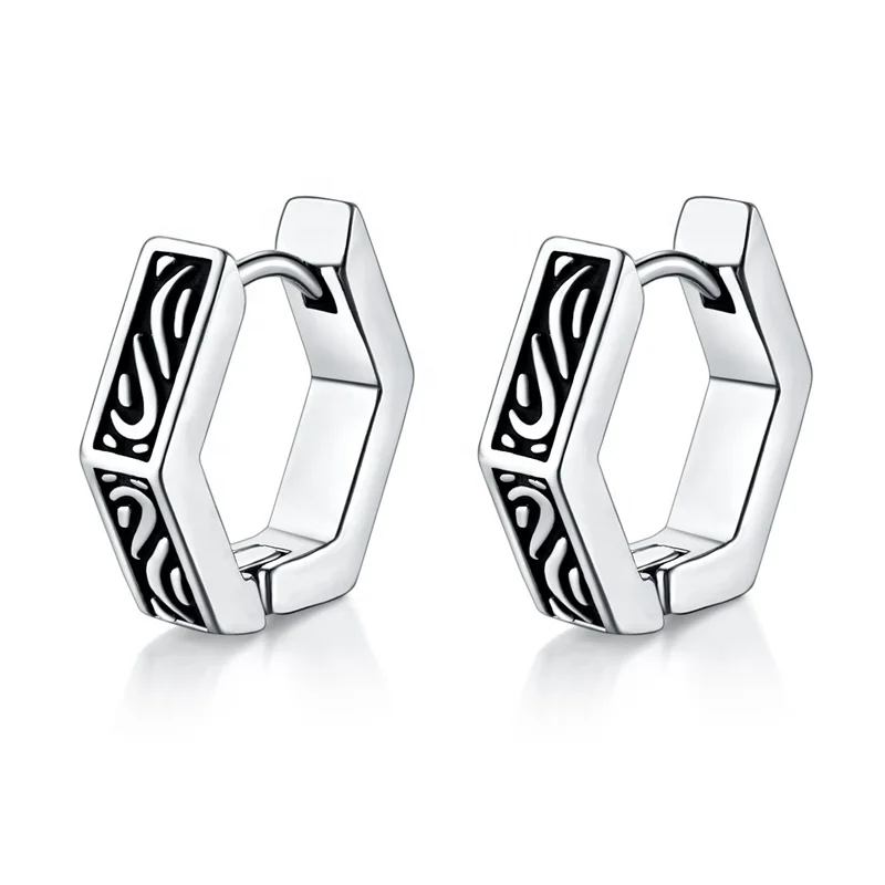 

2022 New Style Punk Trendy Geometry Hexagon Hoop Earrings Stainless Steel Pattern Huggie Ear Hoop Jewelry