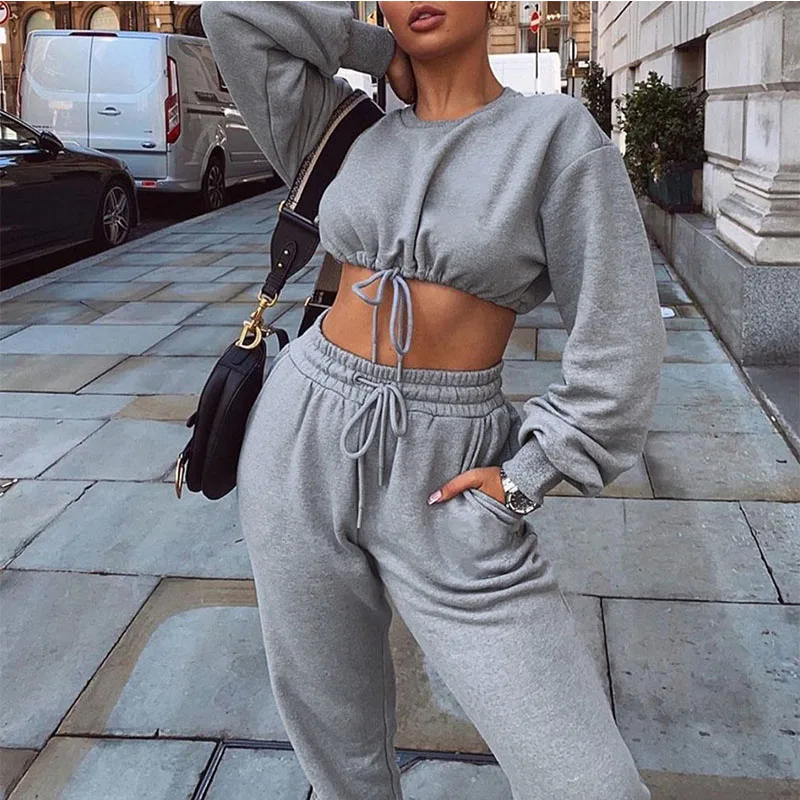 

Fashion Casual Athletic Joggers 2 Pieces Crop Tracksuit Set Women Sport Slim Fit Joggers Fitness Jogging Pants Yoga Running Set