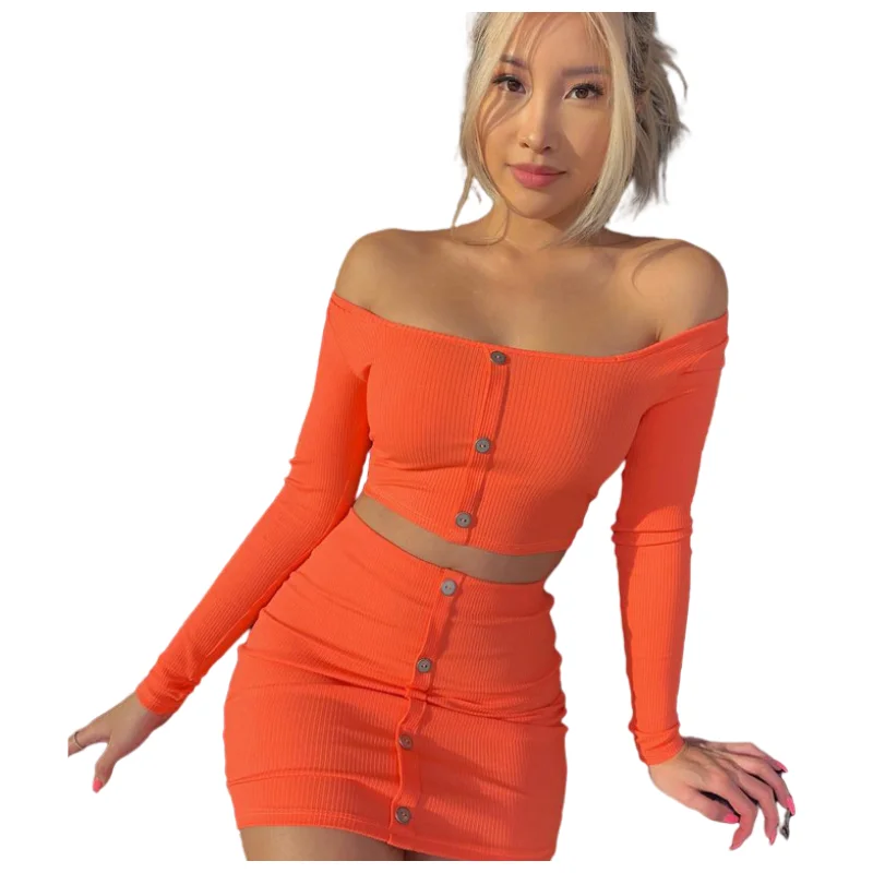 

2021 new ladies sexy belt button one-shoulder long-sleeved short skirt knit suit