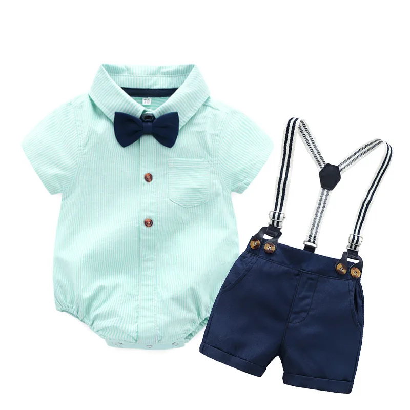 

3991 Baby Boy Formal Party Clothing Cotton Stripe Shirt BowTie Romper +Navy Suspenders Belt Shorts Sets Infant Gentleman Suit, As picture