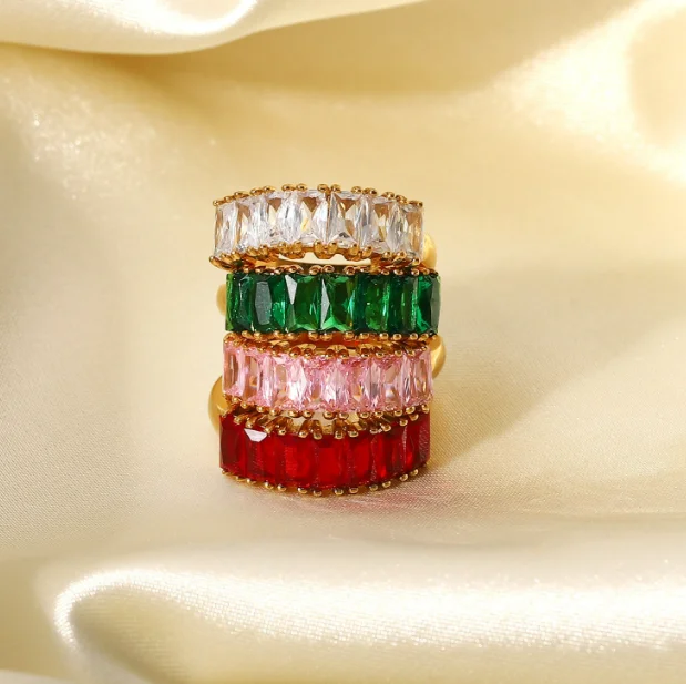 

18K gold plated half circle rectangular white/red/green/pink zircon ring lady